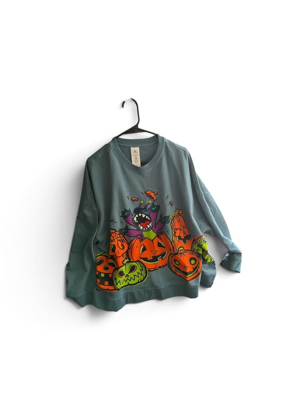 Disney Teal Green Halloween Stitch Pumpkin Graphic Sweatshirt